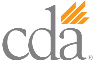 The image displays a logo consisting of text with stylized graphics, including a building and a shield-like design, set against a backdrop of a gradient background.