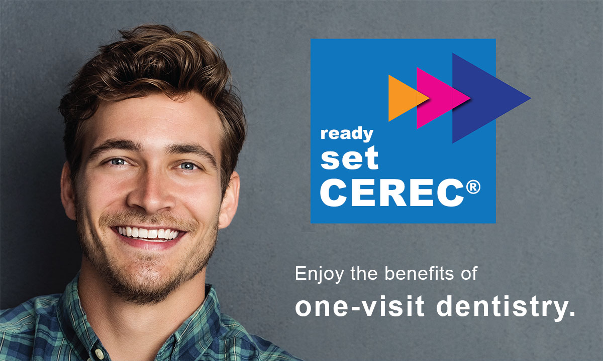 The image features a man with a beard smiling at the camera against a blue background. On the right side of the image, there's an advertisement for dental implants that reads 'READY SET CEREC' and includes the logo of the company providing the service. Below the logo is a tagline stating 'ENJOY THE BENEFITS OF ONE-VISIT DENTISTRY.