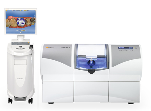 The image shows advanced dental equipment, including a dental chair with a patient's mouth open, a digital display screen, and other specialized machinery, all presented against a plain background.